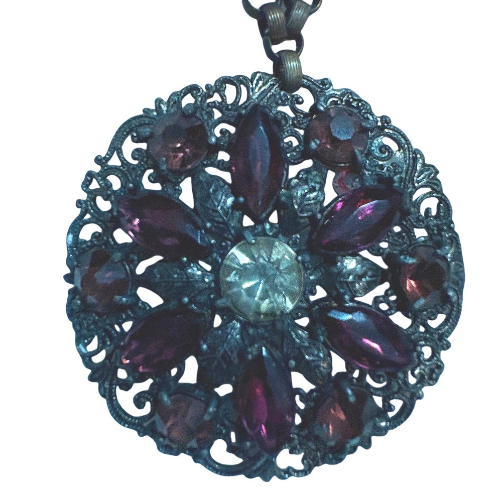 Vintage Style Purple Rhinestone Filigree Statement Necklace Bronze Tone